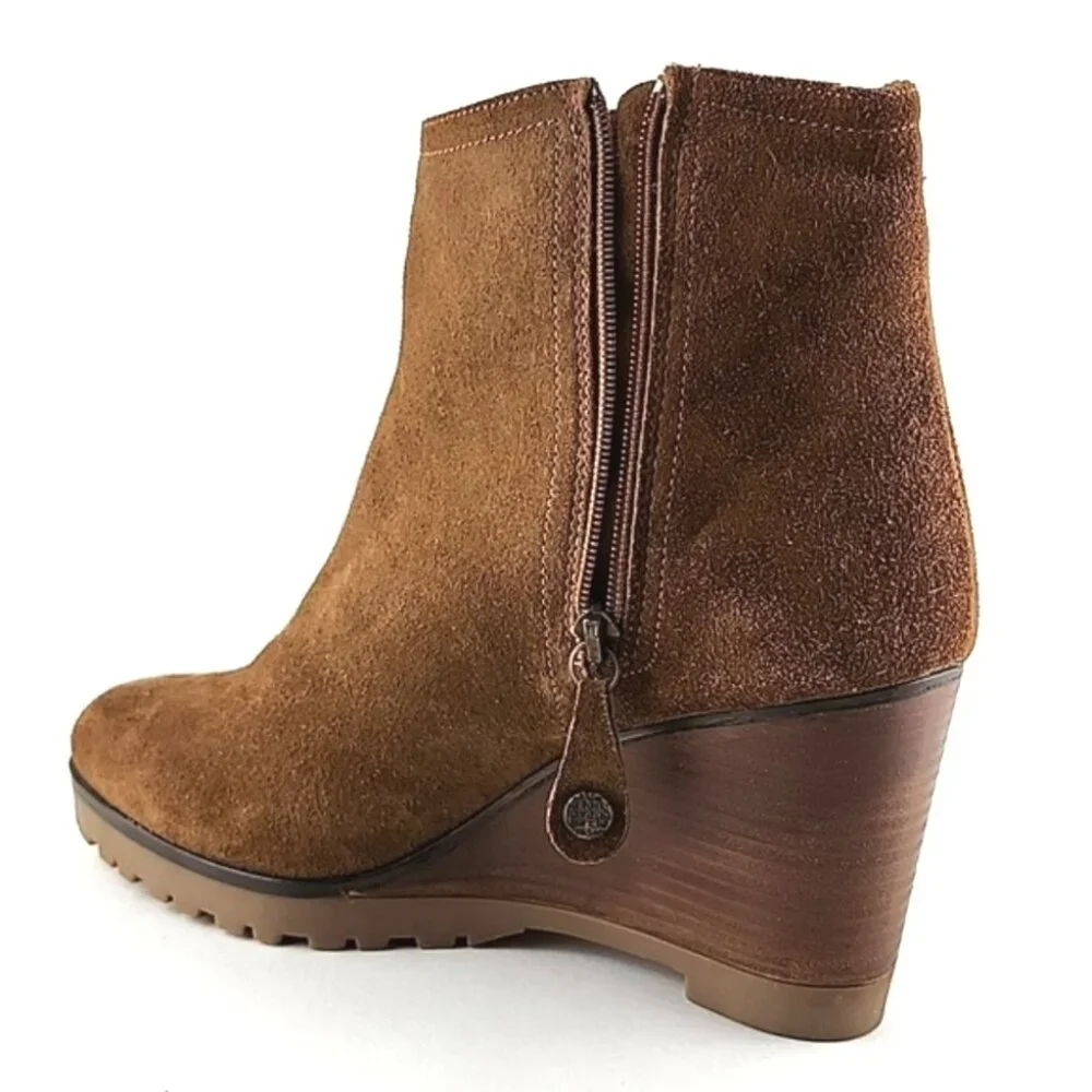 Fabianelli Tan Suede Lined Ankle Boots Almond Toe Stacked Wedge Sole Size 39 - Picture 8 of 16